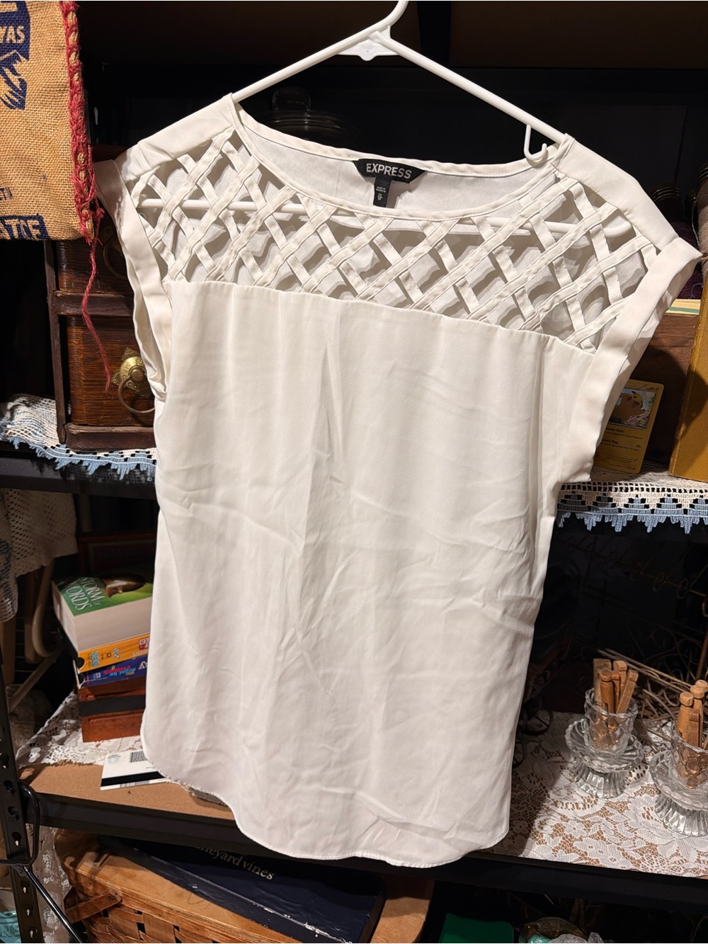Express Cream Lattice-Yoke Cap Sleeve Blouse